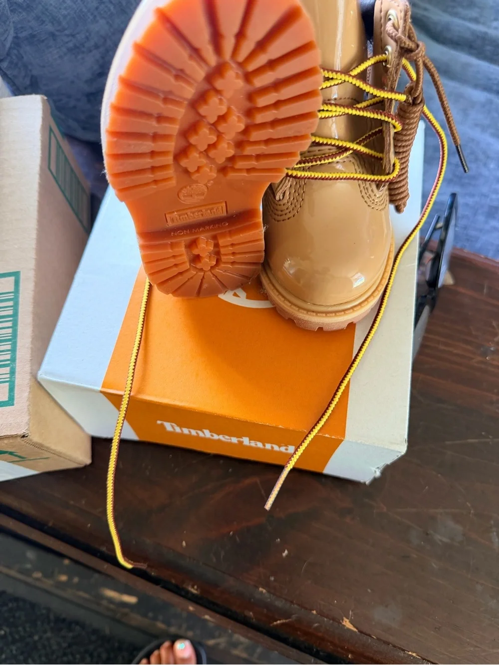 Timberland Kids Tan Patent Leather Lace-Up Boots with Black Collar